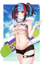 Rule 34 | 1girl, bbci, bikini, bikini top only, breasts, fate/grand order, fate (series), highres, medium breasts, multicolored hair, navel, sei shounagon (fate), sei shounagon (swimsuit berserker) (fate), short shorts, shorts, skateboard, smile, swimsuit, thigh strap, twintails, v, yellow eyes