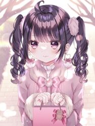 1girl absurdres ahoge azarashi6 bag black_hair blurry blush bokeh bow bowtie breasts closed_mouth coat depth_of_field drill_hair earrings fur-trimmed_coat fur_trim highres holding holding_bag jewelry jirai_kei looking_at_viewer original pink_bow pink_bowtie pink_brooch pink_coat purple_eyes ring shadow solo twintails