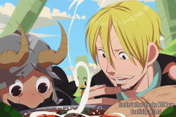 Rule 34 | 2boys, black hair, blonde hair, cooking, crossover, dungeon meshi, dwarf, fake horns, helmet, horned helmet, horns, male focus, mto, multiple boys, one piece, sanji (one piece), sanpaku, senshi (dungeon meshi), short hair, smile, thick mustache, trait connection, wide-eyed