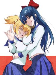 Rule 34 | 10s, 2girls, arm up, blonde hair, blue hair, blue sailor collar, blue skirt, bow, breasts, censored, censored gesture, clenched teeth, closed mouth, evil grin, evil smile, gesugao, grey eyes, grin, hair bow, hair ornament, hair scrunchie, half-closed eyes, hands on another&#039;s waist, head tilt, highres, large breasts, licking lips, long hair, long sleeves, looking at viewer, middle finger, midriff, mosaic censoring, multiple girls, one side up, pipimi, pleated skirt, poptepipic, popuko, qqyy8rf9k, red bow, sailor collar, school uniform, scrunchie, serafuku, shirt, sidelocks, simple background, skirt, smile, teeth, tongue, tongue out, white background, white shirt, yellow eyes, yellow scrunchie