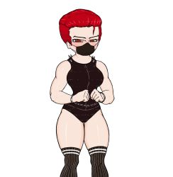 Rule 34 | artist request, character request, copyright request, cuffs, dyed hair, eyebrows, face mask, handcuffs, highres, mask, muscular, muscular female, red eyes, red hair, short hair, source request, spikes, striped legwear, strong woman, tagme, thighhighs, thighs