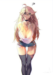Rule 34 | 1girl, ?, ahoge, alma armas, arms behind back, bikini tan, black-framed eyewear, black thighhighs, blonde hair, blush, breasts, choker, cleavage, collarbone, commentary request, covered erect nipples, dark-skinned female, dark skin, downblouse, earrings, exposed pocket, feet out of frame, glasses, heart, heart choker, heart tattoo, highres, jewelry, large breasts, leaning forward, long hair, looking at viewer, looking over eyewear, mole, mole on body, mole on breast, mole on thigh, no bra, over-rim eyewear, puk (higanbana doujin), raised eyebrows, red eyes, see-through, semi-rimless eyewear, short shorts, shorts, sidelighting, simple background, solo, spaghetti strap, striped clothes, striped thighhighs, sun tattoo, tan, tanline, tattoo, thigh gap, thighhighs, va-11 hall-a, vertical-striped clothes, vertical-striped thighhighs, white background