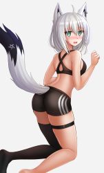Rule 34 | 1girl, @ @, ahoge, animal ear fluff, animal ears, ass, back, bare arms, bare shoulders, black shorts, black thighhighs, blush, braid, breasts, commentary, crop top, ear piercing, fang, feet out of frame, fox ears, fox girl, fox tail, from behind, green eyes, hair between eyes, highres, hololive, kazenokaze, kneeling, long hair, looking at viewer, looking back, medium breasts, no shoes, nose blush, open mouth, pentagram, piercing, shirakami fubuki, short hair, short shorts, shorts, simple background, single thighhigh, skindentation, solo, sweat, tail, tail raised, thigh strap, thighhighs, virtual youtuber, wavy mouth, white background, white hair