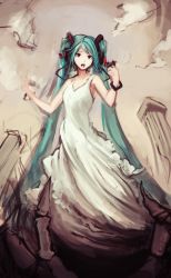 Rule 34 | 1girl, aqua hair, armpits, dress, hair ornament, hatsune miku, highres, long hair, open mouth, softmode, solo, speed painting, twintails, very long hair, vocaloid, white dress