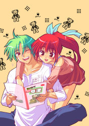 Rule 34 | 1boy, 1girl, ;d, bare shoulders, beige background, book, brown eyes, character request, couple, detached sleeves, green hair, happy, hetero, holding, holding book, hug, hug from behind, long sleeves, morii shizuki, one eye closed, open mouth, pleated skirt, ponytail, red eyes, red hair, red skirt, simple background, skirt, smile, source request, wink