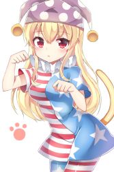 Rule 34 | 1girl, american flag dress, american flag legwear, american flag shirt, bad id, bad pixiv id, blonde hair, blush, breasts, cat tail, clownpiece, collar, cowboy shot, frilled collar, frilled shirt collar, frills, hat, highres, jester cap, long hair, looking at viewer, medium breasts, neck ruff, pantyhose, papo, paw pose, polka dot, red eyes, short sleeves, simple background, solo, striped clothes, striped pantyhose, tail, touhou, underwear, white background