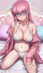 Rule 34 | 1girl, absurdres, aqua eyes, bed, bed sheet, bikini, bocchi the rock!, breasts, collarbone, cube hair ornament, gotoh hitori, hair between eyes, hair ornament, highres, jacket, large breasts, long hair, long sleeves, monegi, navel, on bed, pillow, pink jacket, sitting, solo, swimsuit, track jacket, white bikini