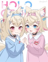 2girls aged_down animal_collar animal_ears black_collar blonde_hair blue_eyes blue_hair blue_hairband blue_shirt child closed_mouth collar commentary dog_ears dog_girl dog_tail english_commentary fang fuwawa_abyssgard hair_ornament hairband highres holding_hands hololive hololive_english interlocked_fingers kindergarten_uniform long_sleeves looking_at_viewer medium_hair mococo_abyssgard multicolored_hair multiple_girls name_tag open_mouth pink_eyes pink_hair pink_hairband pink_shirt seykoart shirt siblings simple_background sisters skin_fang smile streaked_hair tail twins twitter_username virtual_youtuber white_background x_hair_ornament