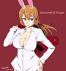 Rule 34 | 1girl, animal ears, artist name, blue eyes, blush, breasts, brown hair, character name, charlotte e. yeager, cleavage, closed mouth, collarbone, covered erect nipples, dated, fumie umetora, hand on own hip, highres, jacket, jacket over shoulder, unworn jacket, large breasts, long hair, monochrome background, no bra, rabbit ears, rabbit girl, red background, shiny skin, shirt, simple background, smile, solo, strike witches, world witches series
