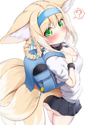 Rule 34 | 1girl, ?, absurdres, animal ear fluff, animal ears, arknights, ass, ass blush, backpack, bag, blonde hair, blue headband, blue headwear, blush, bracelet, braid, breasts, collar, fox ears, green eyes, headband, highres, holding, holding bag, jewelry, kokihanada, looking at viewer, looking back, matching accessory, miniskirt, multiple tails, shirt, skirt, small breasts, suzuran (arknights), tail, thighs, white background, white shirt
