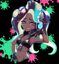 Rule 34 | 1girl, armpits, bare shoulders, black background, blue eyes, blue nails, blush, breasts, cephalopod eyes, cleavage, fang, fingerless gloves, fingernails, gloves, grin, hand up, headphones, heart, highres, long hair, looking at viewer, marina (splatoon), medium breasts, mole, mole under mouth, nail polish, navel, navel piercing, nintendo, octoling, paint splatter, piercing, pochi (pochi-goya), smile, solo, splatoon (series), splatoon 2, tentacle hair, upper body