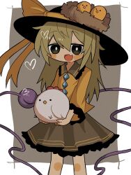 Rule 34 | 1girl, animal, bird, bird nest, black eyes, black hat, blush, bow, buttons, chibi, chicken, diamond button, feet out of frame, frilled sweater, green skirt, grey background, hat, heart, highres, in nest, komeiji koishi, light green hair, looking at viewer, nest, nest on head, open mouth, outline, outside border, skirt, smile, solo, sweater, third eye, touhou, white outline, yellow bow, yellow sweater, zunusama