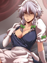 Rule 34 | 1girl, anger vein, apron, black bra, blue dress, bra, braid, breasts, cleavage, clothes pull, dress, dress pull, elbow gloves, female focus, gloves, hair ribbon, izayoi sakuya, lingerie, maid, maid apron, maid headdress, open mouth, pulling own clothes, red eyes, ribbon, silver hair, solo, embodiment of scarlet devil, tobisawa, touhou, twin braids, underwear, white gloves