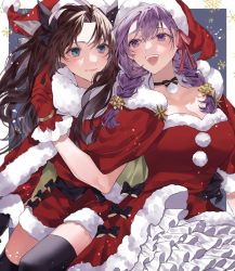 Rule 34 | 2girls, :d, alternate costume, alternate hairstyle, black bow, bow, braid, breasts, brown hair, cape, capelet, cleavage, dress, fate/stay night, fate (series), frilled dress, frills, fur-trimmed cape, fur collar, fur trim, gloves, hair bow, hair ribbon, hat, highres, large breasts, long hair, matou sakura, multiple girls, open mouth, pink ribbon, purple hair, red cape, red capelet, red gloves, red headwear, red shorts, ribbon, santa costume, santa dress, santa hat, shimatori (sanyyyy), shorts, siblings, sisters, smile, snowflakes, teeth, thighhighs, tohsaka rin, twin braids, upper teeth only, zettai ryouiki
