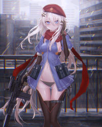 Rule 34 | 1girl, 9a-91, 9a-91 (girls&#039; frontline), absurdres, arm warmers, beret, black panties, blue dress, blue eyes, breasts, brown gloves, brown thighhighs, building, chromatic aberration, cityscape, detached sleeves, dress, girls&#039; frontline, gloves, gun, hair between eyes, hair ornament, hand up, hat, highres, holding, holding gun, holding weapon, huge filesize, lithium10mg, long hair, looking at viewer, medium breasts, navel, outdoors, panties, pouch, railing, red hat, see-through, silver hair, solo, standing, star (symbol), stomach, thighhighs, underwear, very long hair, weapon