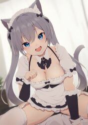 Rule 34 | 1girl, absurdres, animal ear fluff, animal ears, apron, black bow, black sleeves, blurry, blurry background, bow, breasts, cat ears, cat girl, cat tail, cleavage, collarbone, commentary request, depth of field, detached sleeves, frilled apron, frilled sleeves, frills, garter straps, grey hair, hair bow, highres, hinata (user rjkt4745), indoors, long hair, long sleeves, maid, maid headdress, medium breasts, original, panties, paw pose, puffy short sleeves, puffy sleeves, short sleeves, sitting, solo, spread legs, tail, thighhighs, twintails, underwear, very long hair, waist apron, white apron, white panties, white thighhighs