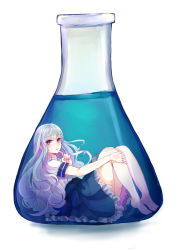 Rule 34 | 1girl, absurdres, barefoot, brown eyes, finger to own chin, flask, full body, highres, in container, long hair, mini person, minigirl, original, silver hair, skirt, solo, tsucchiy, underwater