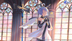 Rule 34 | 1girl, absurdres, azur lane, bare shoulders, blue hair, breasts, closed eyes, cross, detached collar, detached wings, dress, floating headgear, gascogne (azur lane), gauntlets, halo, headgear, highres, koichame, mechanical halo, milestone celebration, official art, praying, second-party source, short hair, small breasts, solo, stained glass, strapless, strapless dress, white dress, wings