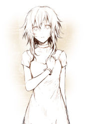 Rule 34 | 1girl, arisaka ako, bad id, bad pixiv id, bracelet, brown theme, choker, collarbone, dress, expressionless, gumi, jewelry, looking at viewer, monochrome, parted lips, short hair with long locks, short sleeves, sidelocks, sketch, solo, upper body, vocaloid