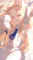 1girl absurdres animal_ear_fluff animal_ears armpits arms_up blonde_hair blue_archive cross_halo detached_sleeves dress extra_ears flower_wreath forehead fox_ears gradient_eyes halo highres long_hair looking_at_viewer multicolored_eyes necktie seia_(blue_archive) short_necktie sleeve_bow sleeveless sleeveless_dress sleeves_past_fingers sleeves_past_wrists solo white_dress yellow_halo yusha_(lv1_yusha_522)