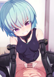 Rule 34 | 1boy, 1girl, afterimage, arm support, bar censor, blue hair, breasts, censored, clothed female nude male, clothed sex, clothing aside, commission, frame arms girl, girl on top, grin, head tilt, hetero, highres, hresvelgr, joints, lolicom, looking down, medium breasts, nude, one-piece swimsuit, penis, pov, purple eyes, pussy, robot joints, sex, short hair, smile, squatting, squatting cowgirl position, swimsuit, swimsuit aside, vaginal
