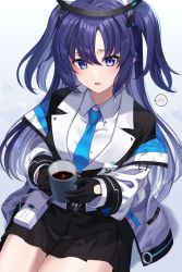 Rule 34 | 1girl, absurdres, belt pouch, black gloves, black jacket, black skirt, blazer, blue archive, blue eyes, blue hair, coffee, coffee mug, collared shirt, cup, gloves, halo, highres, holding, jacket, kurousagi yuu, long hair, looking at viewer, miniskirt, mug, necktie, off shoulder, open clothes, open jacket, open mouth, pleated skirt, pouch, shirt, simple background, sitting, skirt, solo, spoken blush, sweatdrop, two side up, undershirt, white background, white jacket, white shirt, wing collar, yuuka (blue archive)