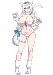 Rule 34 | 1girl, animal ear fluff, animal ears, animal hands, bare shoulders, bikini, blue eyes, blush, breasts, cat ears, cat girl, cat tail, cleavage, dobrynya nikitich (fate), fate/grand order, fate (series), full body, fur collar, gloves, grin, hair ribbon, hairband, highres, large breasts, long hair, looking at viewer, low ponytail, muta poo, navel, paw gloves, paw shoes, ribbon, smile, solo, swimsuit, tail, thigh strap, white bikini, white hair