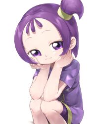 Rule 34 | 1girl, closed mouth, hands on own cheeks, hands on own face, hands up, highres, ojamajo doremi, one side up, purple eyes, purple hair, purple shirt, segawa onpu, shirt, short hair, short sleeves, simple background, sitting, smile, solo, tenshinhannnn, white background