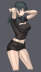 Rule 34 | 1girl, abs, absurdres, black shirt, black shorts, blouse, blue eyes, blue hair, breasts, bustier, byleth (female) (fire emblem), byleth (fire emblem), cleavage, cleavage cutout, clothing cutout, cropped legs, fire emblem, hand in own hair, highres, large breasts, medium hair, midriff, navel, nintendo, shirt, short sleeves, shorts, simple background, solo, zuzu (ywpd8853)