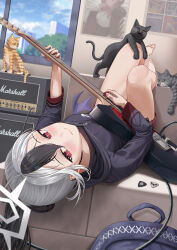 Rule 34 | 1girl, amplifier, aru (blue archive), backpack, bag, barefoot, black hair, black hoodie, blue archive, cat, closed mouth, demon horns, demon wings, earclip, electric guitar, grey hair, grey halo, guitar, hair between eyes, halo, highres, holding, holding instrument, holding plectrum, hood, hood down, hoodie, horns, indoors, instrument, kayoko (blue archive), long hair, long sleeves, lying, miniskirt, multicolored hair, on back, plaid, plaid skirt, pleated skirt, plectrum, ponytail, poster (object), red eyes, red skirt, silvertsuki, single wing, skirt, smile, solo focus, toes, two-tone hair, upside-down, window, wings