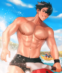 1girl 3boys banana_boat beach black_hair black_male_swimwear blue_eyes chalseu earrings freminet_(genshin_impact) genshin_impact grey_hair hair_between_eyes highres jewelry lynette_(genshin_impact) lyney_(genshin_impact) male_focus male_swimwear multicolored_hair multiple_boys muscular muscular_male navel nipples ocean scar short_hair smile stomach streaked_hair topless_male wriothesley_(genshin_impact)