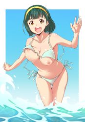 Rule 34 | 1girl, :d, bikini, blunt bangs, blush, bouncing breasts, breasts, brown eyes, cleavage, clenched hand, day, egooo, female focus, green hair, hairband, idolmaster, idolmaster (classic), knees together feet apart, large breasts, leaning forward, looking at viewer, mole, mole under mouth, navel, nipple slip, nipples, nude, ocean, open mouth, orange eyes, otonashi kotori, outdoors, outstretched arm, public indecency, short hair, side-tie bikini bottom, sky, smile, solo, splashing, standing, string bikini, summer, swimsuit, thigh gap, unaligned breasts, wading, wardrobe malfunction, water, waving