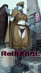 Rule 34 | 1girl, abs, absurdres, belt, belt buckle, black belt, black nails, black necktie, black panties, boots, bracer, breast pocket, broken glass, brown cape, brown footwear, brown pants, brown shirt, buckle, building, cape, closed mouth, collared cape, commentary request, crop top, crotch cutout, day, finger gun, full body, glass, glowing, green eyes, green hair, hair between eyes, hat, highres, knee boots, ladder, lips, long hair, looking away, midriff, military hat, nail polish, navel, necktie, ogami, original, outdoors, pale skin, panties, pants, pants tucked in, peaked cap, pocket, railing, shirt, signature, skull, skyscraper, sleeveless, sleeveless shirt, smile, solo, standing, underwear, water tank, white shirt, window
