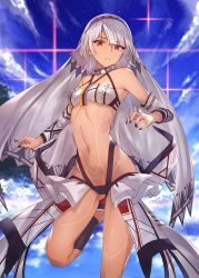 Rule 34 | 1girl, altera (fate), bare shoulders, black nails, blue sky, blunt bangs, breasts, choker, cloud, cloudy sky, dark-skinned female, dark skin, day, detached sleeves, fate/grand order, fate (series), full-body tattoo, gluteal fold, headdress, ibuki notsu, legs, looking at viewer, midriff, nail polish, navel, outdoors, parted lips, red eyes, red footwear, revealing clothes, shiny skin, short hair, showgirl skirt, skirt, sky, small breasts, socks, solo, standing, star (sky), stomach, tan, tattoo, thighs, veil, white hair, white skirt