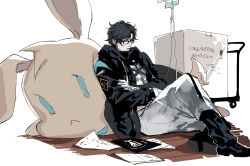 Rule 34 | 1boy, absurdres, arknights, bandaid, bandaid on face, black coat, black footwear, black hair, boots, cart, chinese commentary, coat, commentary request, crossed arms, doctor (arknights), full body, glasses, gloves, grey eyes, grey pants, highres, hood, hooded coat, intravenous drip, male doctor (arknights), male focus, oversized object, pants, papers, parted lips, short hair, solo, stuffed animal, stuffed rabbit, stuffed toy, white background, white gloves, xiandao1213