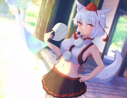 Rule 34 | 1girl, absurdres, animal ear fluff, animal ears, black skirt, blurry, blurry background, breasts, closed mouth, commentary request, cowboy shot, crossed bangs, day, dutch angle, expressionless, fang, hair between eyes, hand fan, hat, highres, inubashiri momiji, kiritanpo117, large breasts, looking at viewer, midriff, navel, no detached sleeves, orange eyes, outdoors, panties, panty peek, pleated skirt, pom pom (clothes), porch, raised eyebrow, red hat, shirt, short hair, sideboob, skin fang, skirt, skirt tug, sleeveless, sleeveless shirt, solo, tail, tokin hat, touhou, underwear, white hair, white panties, white shirt, wind chime, wolf ears, wolf girl, wolf tail