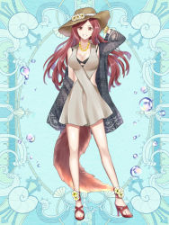 Rule 34 | 1girl, arm at side, arm up, bad id, bad pixiv id, breasts, brown hat, bubble, cleavage, clothing cutout, dress, flower, full body, grey dress, hat, hat ornament, high heels, jewelry, kerberos blade, kusunokinawate, long hair, looking at viewer, nail polish, necklace, red eyes, red hair, shell, side cutout, solo, sun hat, swimsuit, tail, very long hair