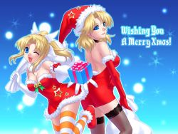 Rule 34 | 2girls, aged up, bell, breasts, christmas, cleavage, dual persona, highres, jingle bell, lace, lace-trimmed legwear, lace trim, miyauchi lemmy, multiple girls, santa costume, striped clothes, striped legwear, striped thighhighs, thighhighs, to heart, to heart (series), wallpaper, zen