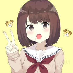 Rule 34 | 1girl, 7 calpis 7, :d, breasts, brown background, brown eyes, brown hair, brown sweater, clip studio paint (medium), commentary request, hand up, long sleeves, looking at viewer, nail polish, neckerchief, open mouth, original, pink nails, puffy long sleeves, puffy sleeves, red neckerchief, sailor collar, sample watermark, school uniform, serafuku, shirt, simple background, sleeves past wrists, small breasts, smile, solo, sweater, upper body, v, watermark, white sailor collar, white shirt