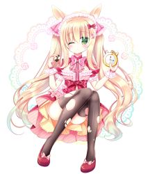 Rule 34 | 1girl, animal ear fluff, animal ears, black thighhighs, blonde hair, blush, bow, breasts, checkerboard cookie, closed mouth, commentary request, cookie, diagonal stripes, doily, food, full body, green eyes, hair between eyes, holding, holding food, long hair, looking at viewer, maid headdress, one eye closed, original, pink bow, pocket watch, puffy short sleeves, puffy sleeves, rabbit ears, red bow, red footwear, red skirt, shikito (yawa0w0), shoes, short sleeves, skirt, small breasts, solo, striped, thighhighs, torn clothes, torn thighhighs, unmoving pattern, very long hair, watch, white background