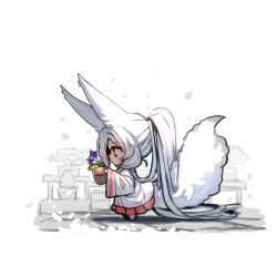 Rule 34 | 1girl, absurdly long hair, animal ears, barefoot, chibi, commentary request, flower, flower pot, fox ears, fox girl, fox tail, from side, highres, holding, long hair, long sleeves, original, pleated skirt, ponytail, profile, purple flower, red skirt, shirt, simple background, skirt, solo, standing, tail, very long hair, white background, white hair, white shirt, wide sleeves, yuuji (yukimimi)