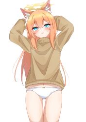 Rule 34 | 1girl, absurdres, animal ears, blue archive, blue eyes, commentary, gluteal fold, halo, highres, kabocya na, long hair, long sleeves, mari (blue archive), no pants, orange hair, panties, solo, thigh gap, underwear, white panties, yellow halo
