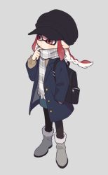 Rule 34 | 1girl, alternate color school swimsuit, ankle boots, bad id, bad twitter id, bag, black hat, blue coat, blue skirt, bookbag, boots, braid, cabbie hat, casual, closed mouth, coat, fringe trim, full body, fur-trimmed boots, fur trim, gomi (kaiwaresan44), grey background, grey footwear, hand in pocket, hat, inkling, inkling girl, inkling player character, long hair, long sleeves, looking to the side, miniskirt, nintendo, pantyhose, pointy ears, red eyes, red hair, scarf, school swimsuit, sidelocks, simple background, single braid, skirt, solo, splatoon (series), splatoon 2, standing, striped clothes, striped scarf, swimsuit, tentacle hair