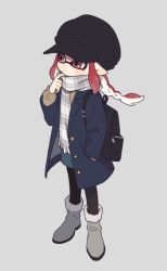 1girl alternate_color_school_swimsuit ankle_boots bad_id bad_twitter_id bag black_hat blue_coat blue_skirt bookbag boots braid cabbie_hat casual closed_mouth coat female_focus fringe_trim full_body fur-trimmed_boots fur_trim gomi_(kaiwaresan44) grey_background grey_footwear hand_in_pocket hat inkling inkling_girl inkling_player_character long_hair long_sleeves looking_to_the_side miniskirt nintendo pantyhose pointy_ears red_eyes red_hair scarf school_swimsuit sidelocks simple_background single_braid skirt solo splatoon_(series) splatoon_2 standing striped_clothes striped_scarf swimsuit tentacle_hair