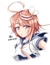 Rule 34 | 1girl, ahoge, blue sailor collar, commentary request, cropped torso, dated, hair ornament, i-58 (kancolle), kantai collection, looking at viewer, neckerchief, necktie, parted lips, pink hair, pink neckwear, red eyes, sailor collar, school uniform, serafuku, short hair, simple background, solo, tk8d32, twitter username, upper body, white background