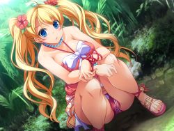 Rule 34 | 1girl, ajishio, bare shoulders, blonde hair, blue eyes, blush, breasts, cameltoe, cleavage, feet, female focus, forest, game cg, grass, groin, hands on own knees, large breasts, legs, light blush, long hair, looking at viewer, nature, original, outdoors, own hands together, panties, pantyshot, sakaki madoka, sandals, skirt, solo, squatting, thighs, toes, twintails, two side up, underwear, upskirt, venus resort kyonyuu rankou island