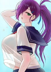 Rule 34 | 1girl, azur lane, black background, black skirt, blouse, blue ribbon, blue sailor collar, blush, breasts, crop top, crop top overhang, from side, green eyes, hair over one eye, hair ribbon, hand in own hair, highres, large breasts, looking at viewer, mole, mole under eye, official alternate costume, pleated skirt, ponytail, purple hair, ribbon, sai-go, sailor collar, school uniform, see-through, see-through shirt, see-through silhouette, shirt, shirt overhang, short sleeves, simple background, skirt, solo, trieste (azur lane), trieste (rooftop lunch break) (azur lane), upper body, white shirt