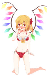 Rule 34 | &gt;:d, 1girl, :d, adapted costume, aoi (annbi), barefoot, bikini, blonde hair, blush, breasts, flandre scarlet, highres, hip bones, legs, navel, open mouth, red bikini, red eyes, side-tie bikini bottom, side ponytail, small breasts, smile, solo, squatting, sweat, swimsuit, touhou, v-shaped eyebrows, wings