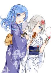 Rule 34 | 10s, 2girls, blue eyes, blue hair, blush, candy apple, character doll, cotton candy, eating, flower, food, hair flower, hair ornament, hair over one eye, hairclip, hamakaze (kancolle), ikayaki, isokaze (kancolle), japanese clothes, kantai collection, kimono, looking at viewer, mask, multiple girls, silver hair, smile, squid, tanikaze (kancolle), urakaze (kancolle), wataame27, white background, yukata