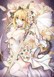 Rule 34 | 1girl, :d, ahoge, artoria pendragon (all), artoria pendragon (fate), blonde hair, breasts, caliburn (fate), death-the-cat, dress, excalibur (fate/stay night), fate/unlimited codes, fate (series), flower, green eyes, hair flower, hair ornament, highres, holding, holding sword, holding weapon, large breasts, lily (flower), looking at viewer, open mouth, petals, ponytail, rose, saber lily, smile, solo, sword, thighhighs, weapon, white dress, white flower, white thighhighs